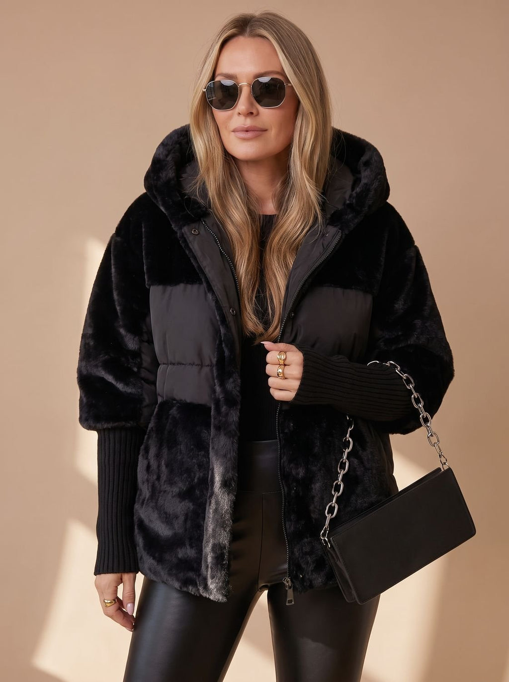 Women's Cropped Quilted Puffer Coat with Fur Hood and Collar