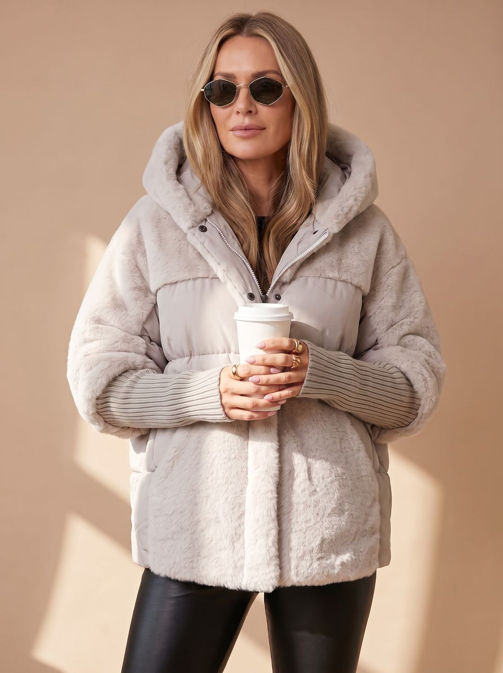 Women's Cropped Quilted Puffer Coat with Fur Hood and Collar