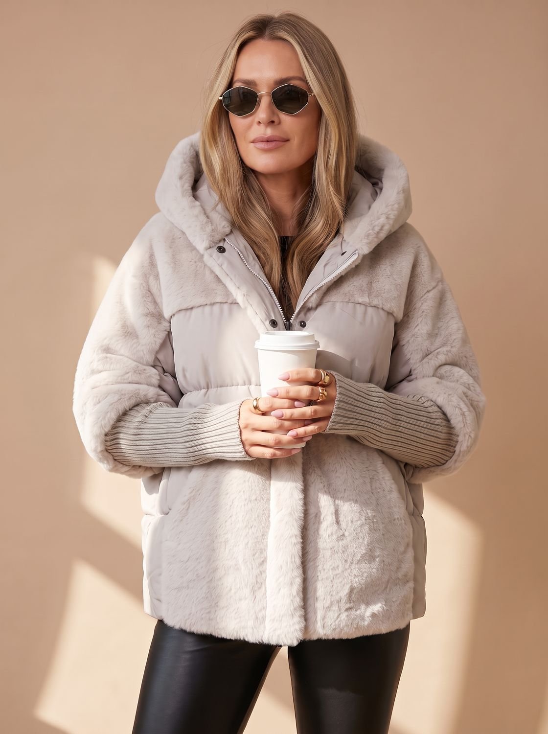 Women's Cropped Quilted Puffer Coat with Fur Hood and Collar