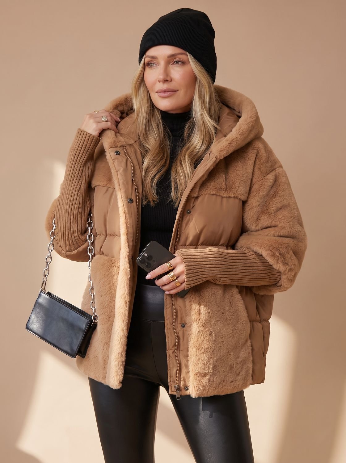 Women's Cropped Quilted Puffer Coat with Fur Hood and Collar