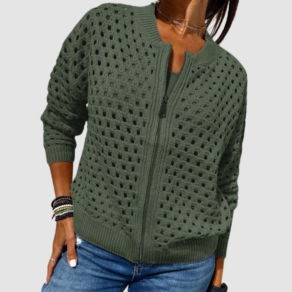 Women's Breathable Hollow Knit Zip-Front Cardigan