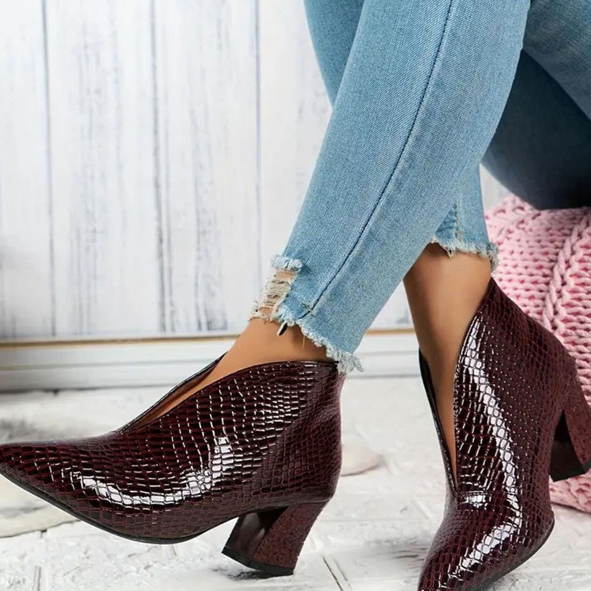 Women's Snake-Style Textured Deep V Opening Ankle Boots