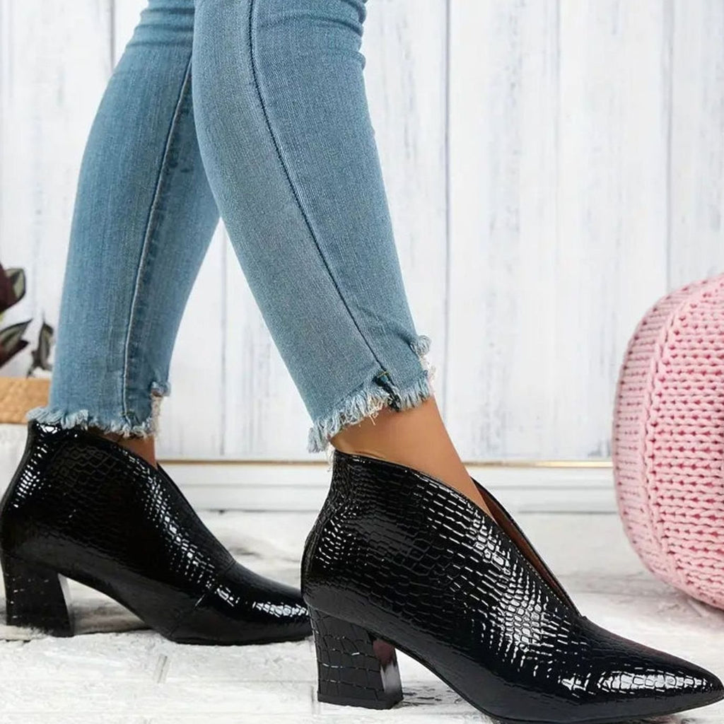Women's Snake-Style Textured Deep V Opening Ankle Boots