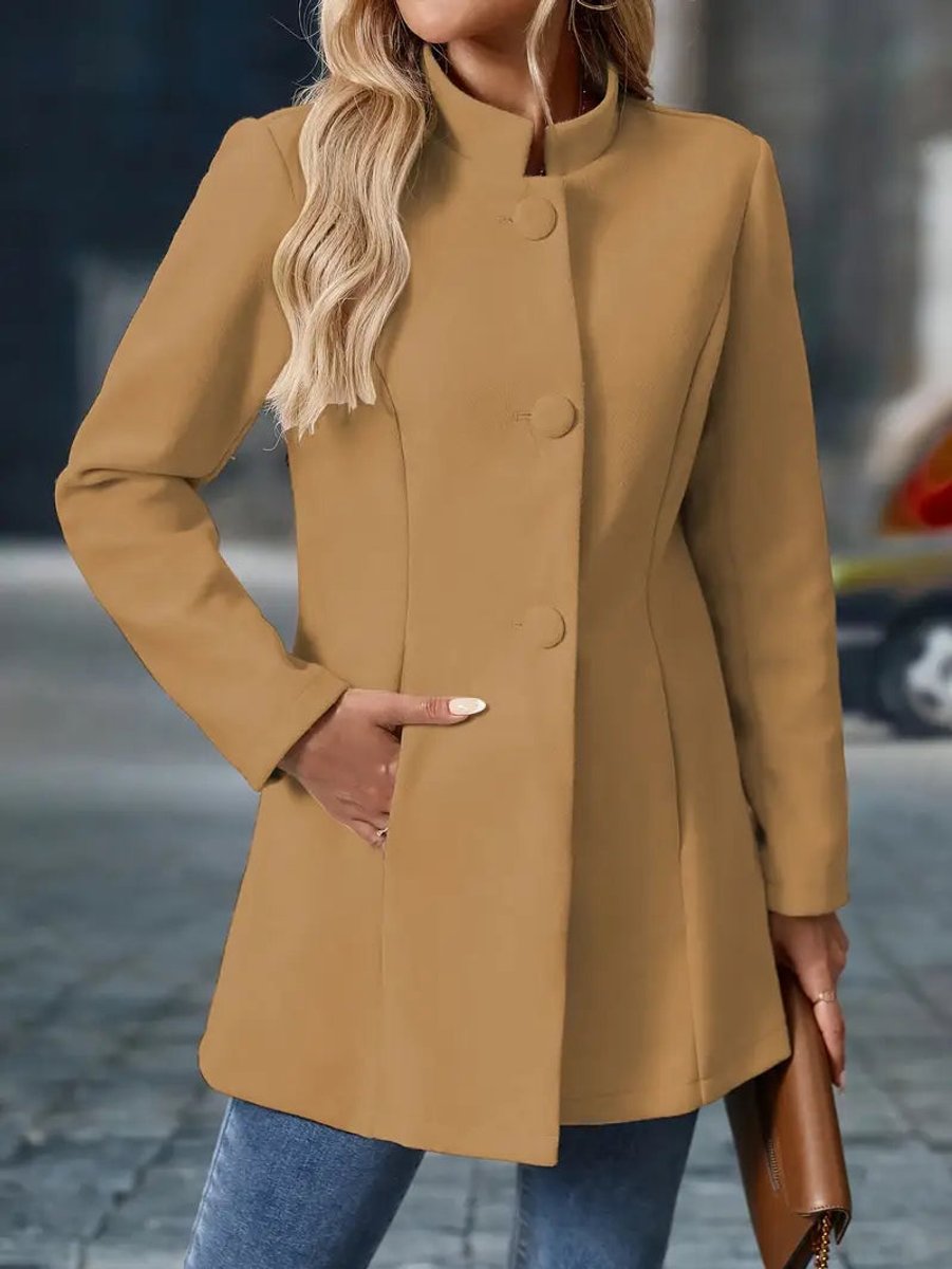 Women's Button Front Stand-Collar Long Tailored Coat