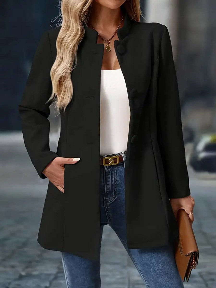 Women's Button Front Stand-Collar Long Tailored Coat