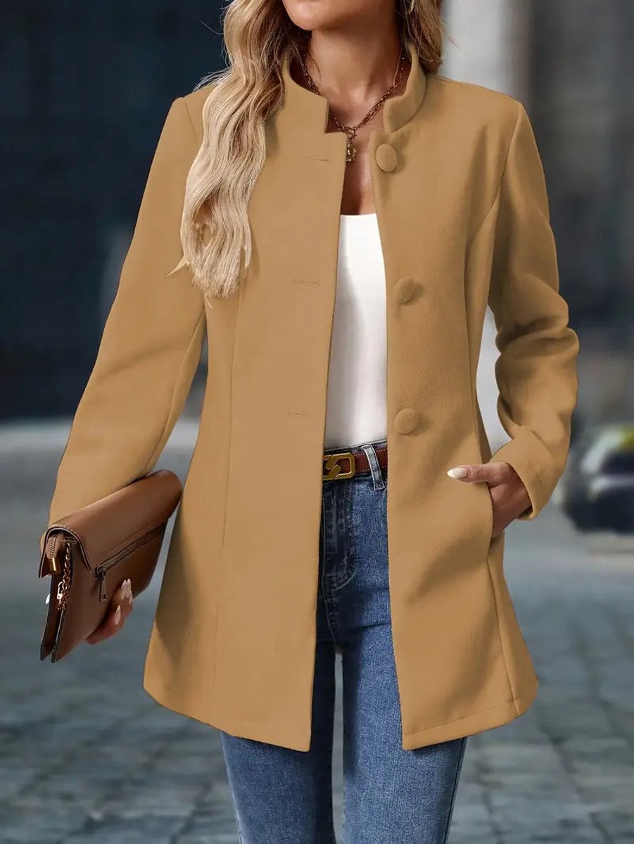 Women's Button Front Stand-Collar Long Tailored Coat