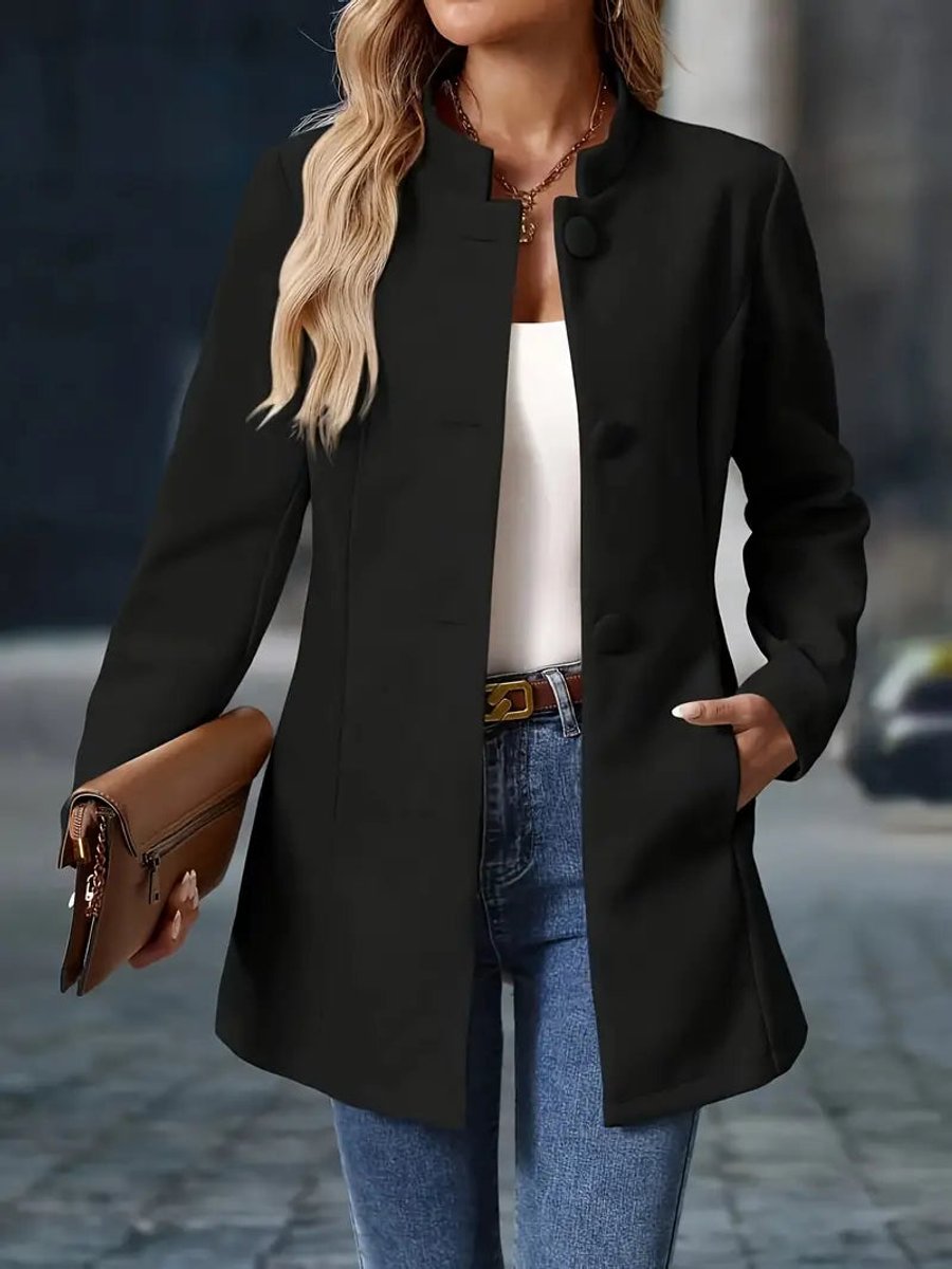Women's Button Front Stand-Collar Long Tailored Coat