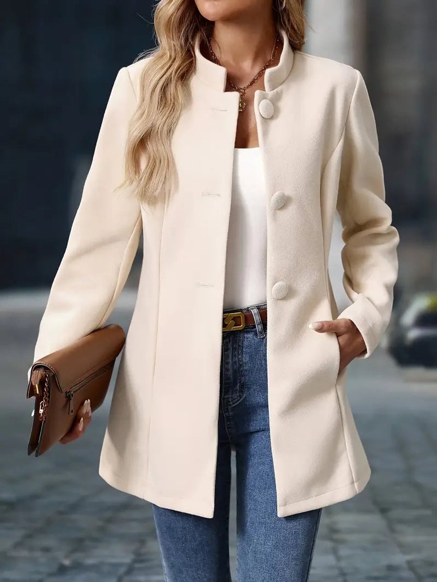 Women's Button Front Stand-Collar Long Tailored Coat