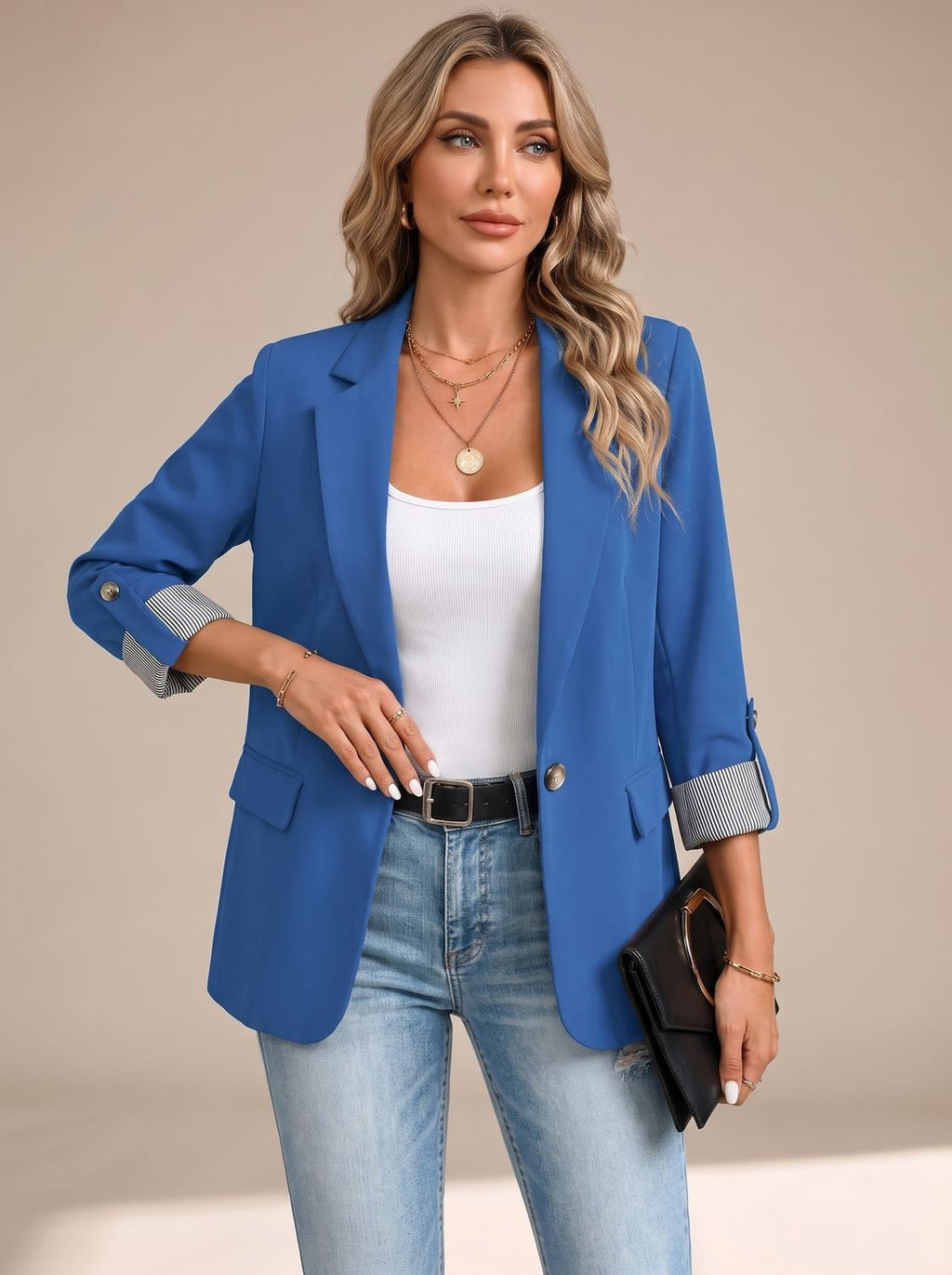Women's Soft Tailored Jacket with Roll-Up Striped Sleeves