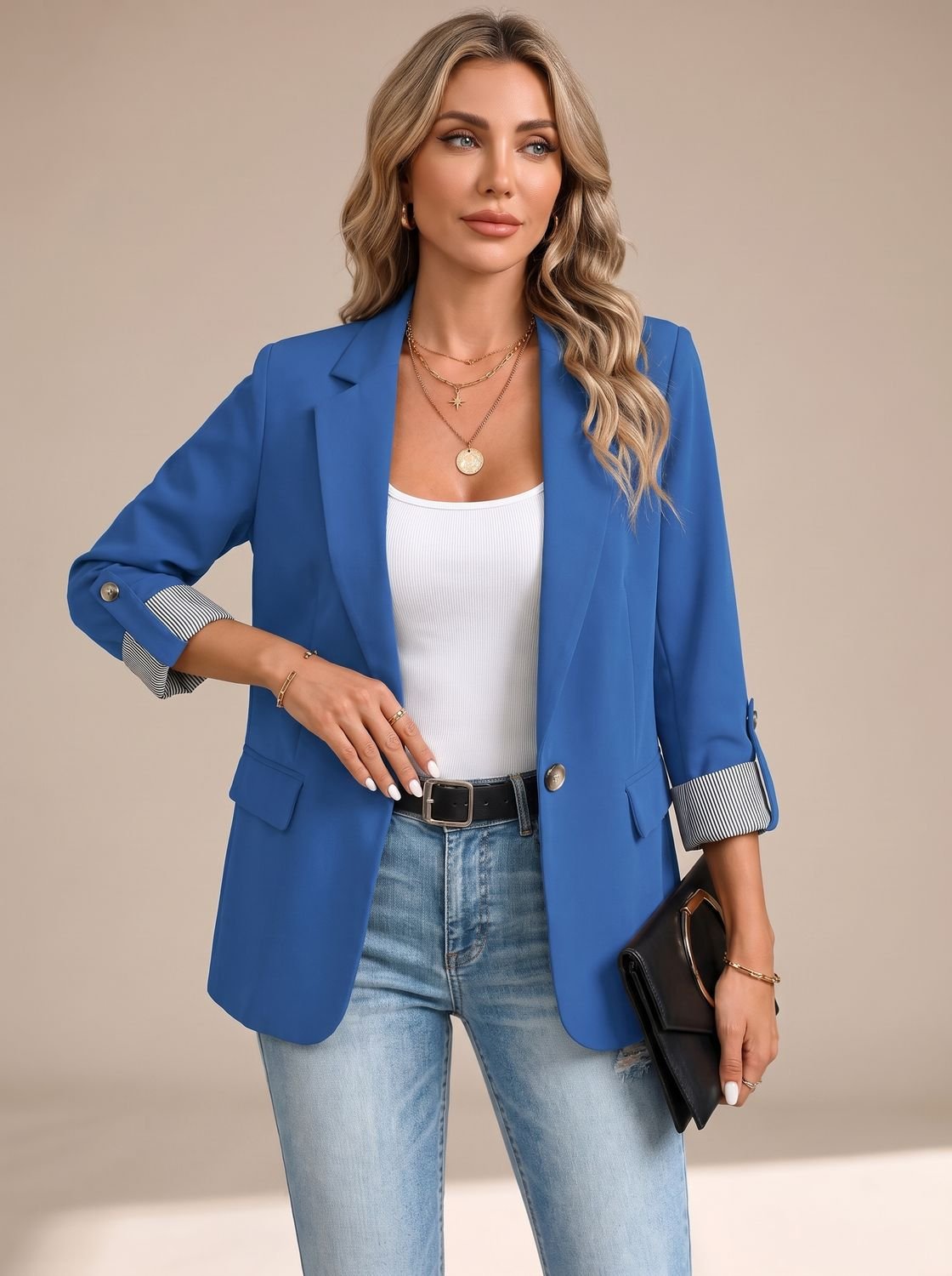 Women's Soft Tailored Jacket with Roll-Up Striped Sleeves