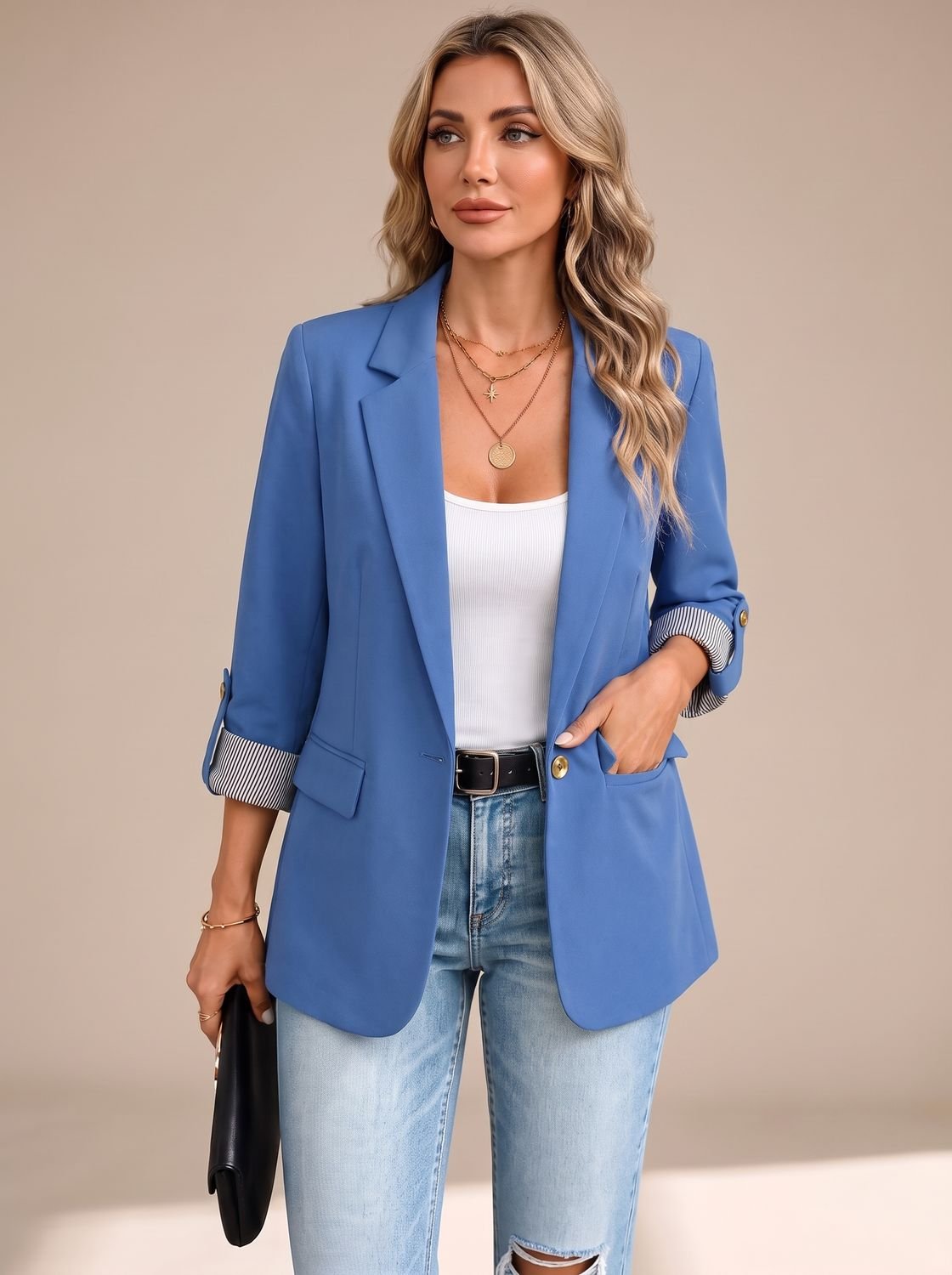 Women's Soft Tailored Jacket with Roll-Up Striped Sleeves
