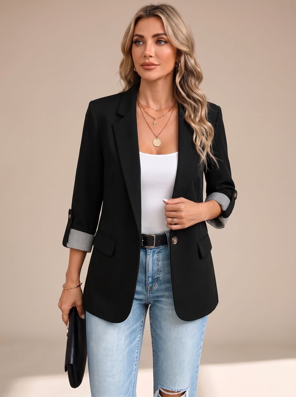 Women's Soft Tailored Jacket with Roll-Up Striped Sleeves