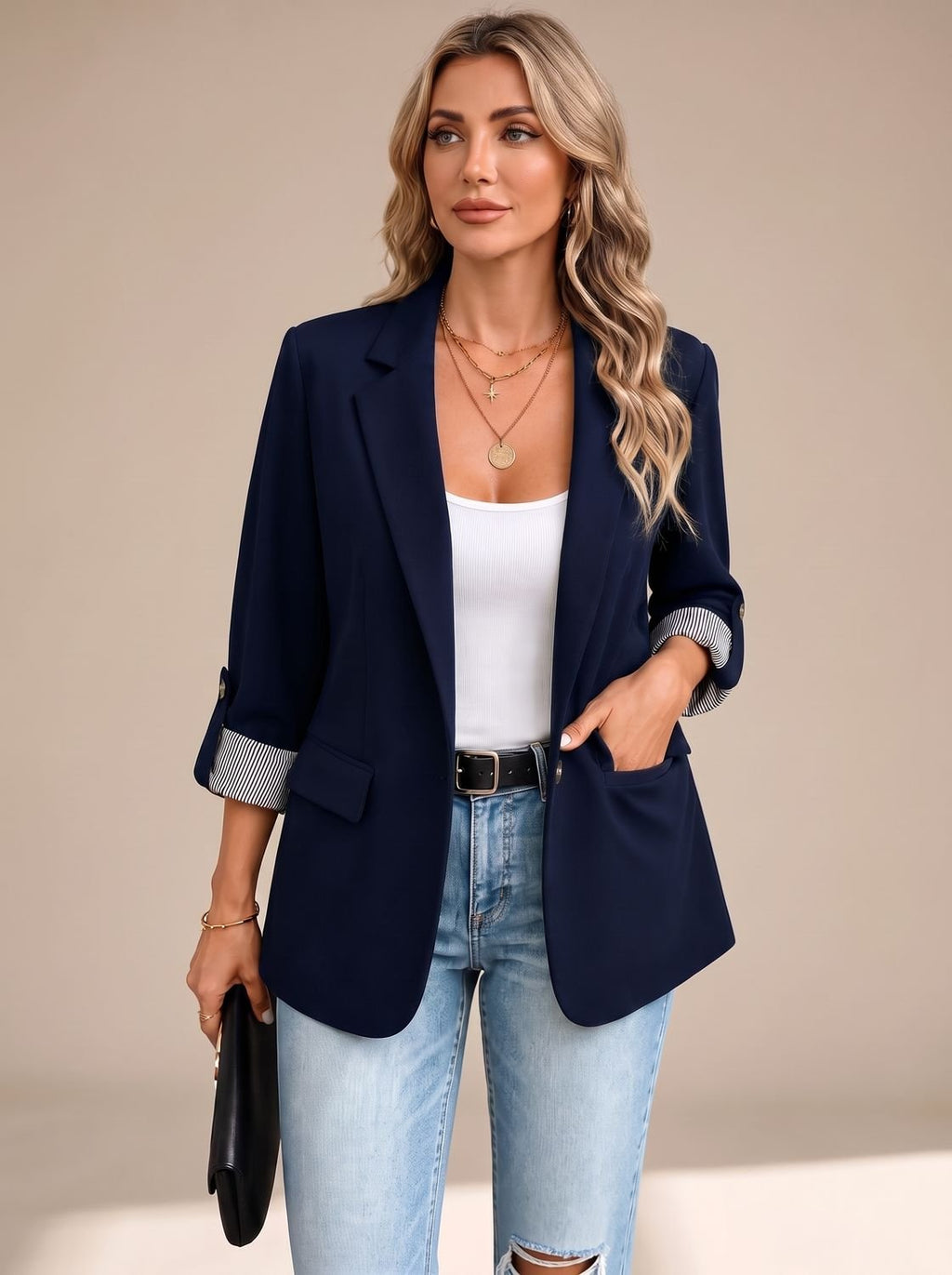 Women's Soft Tailored Jacket with Roll-Up Striped Sleeves