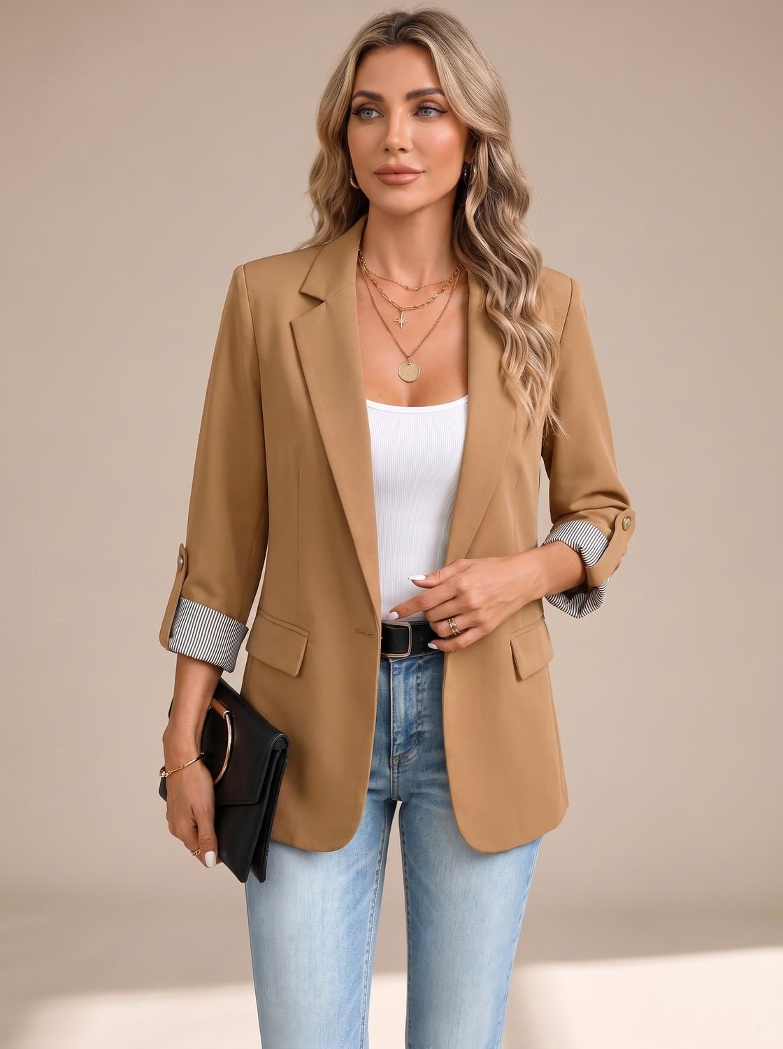 Women's Soft Tailored Jacket with Roll-Up Striped Sleeves