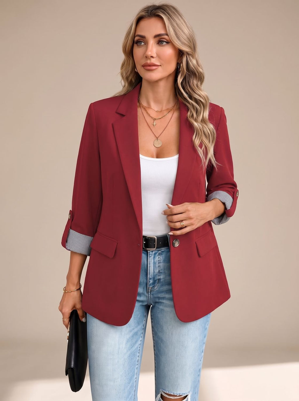 Women's Soft Tailored Jacket with Roll-Up Striped Sleeves