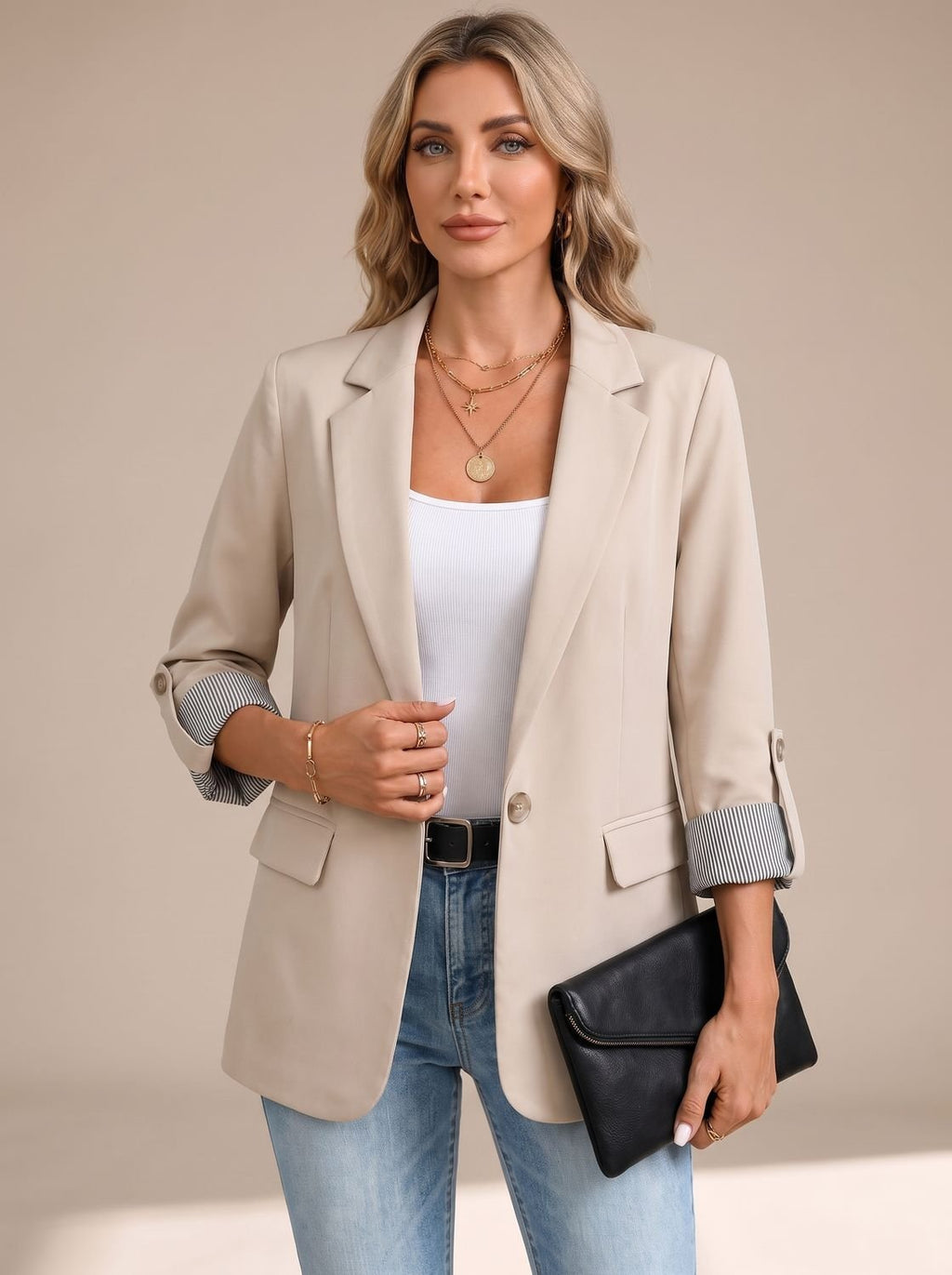 Women's Soft Tailored Jacket with Roll-Up Striped Sleeves