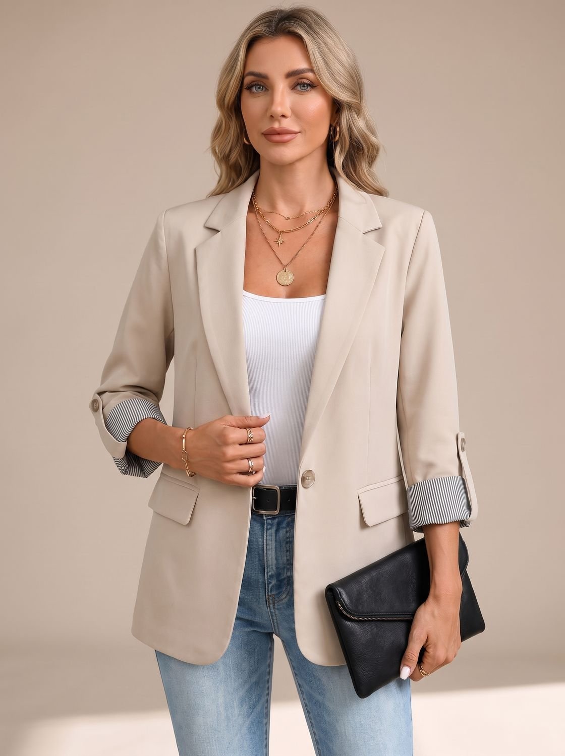 Women's Soft Tailored Jacket with Roll-Up Striped Sleeves