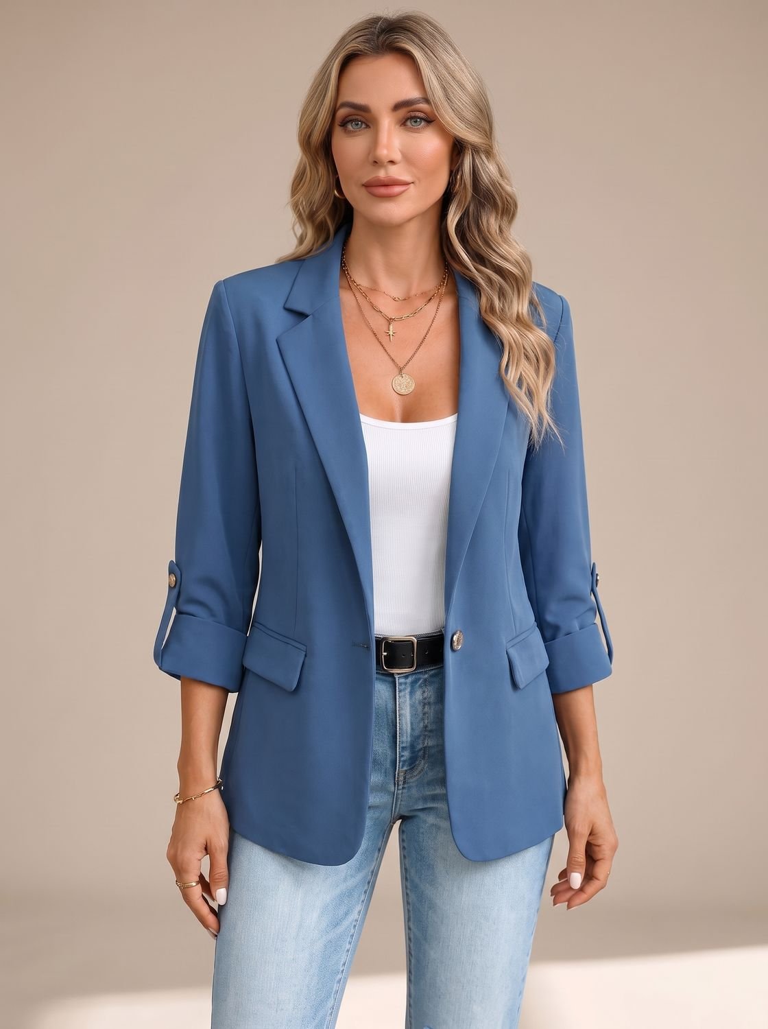Women's Soft Tailored Jacket with Roll-Up Striped Sleeves