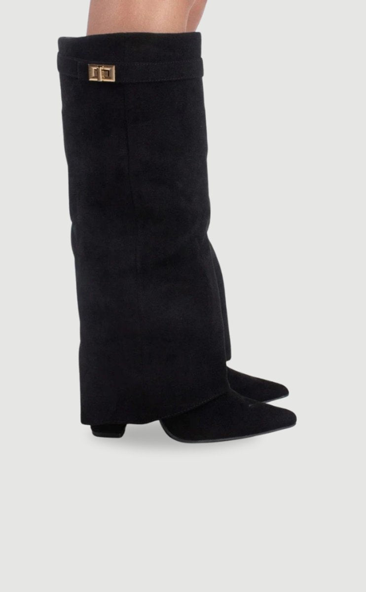 Women's Structured Suede Knee-High Boots with Metal Clasp