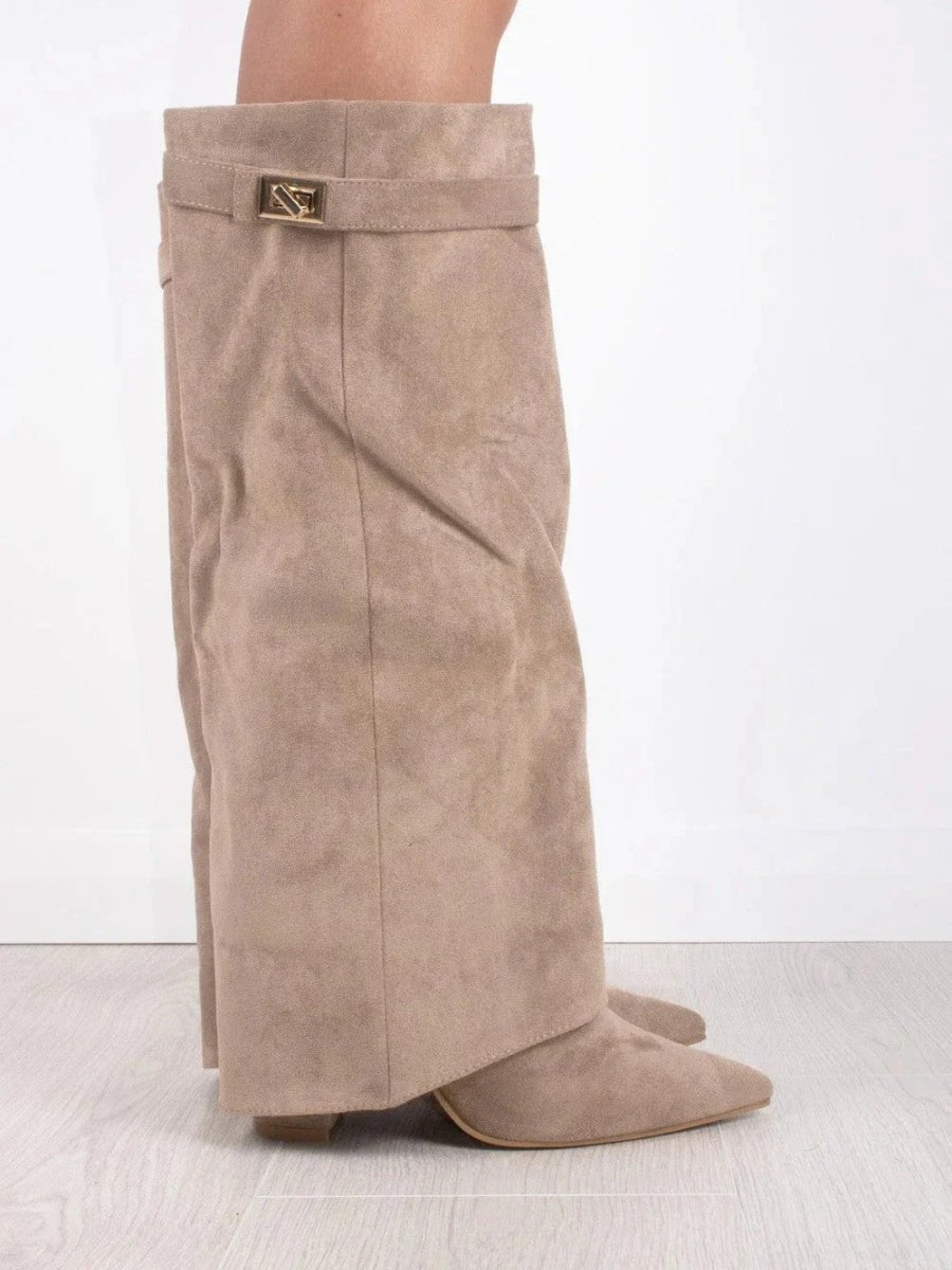 Women's Structured Suede Knee-High Boots with Metal Clasp