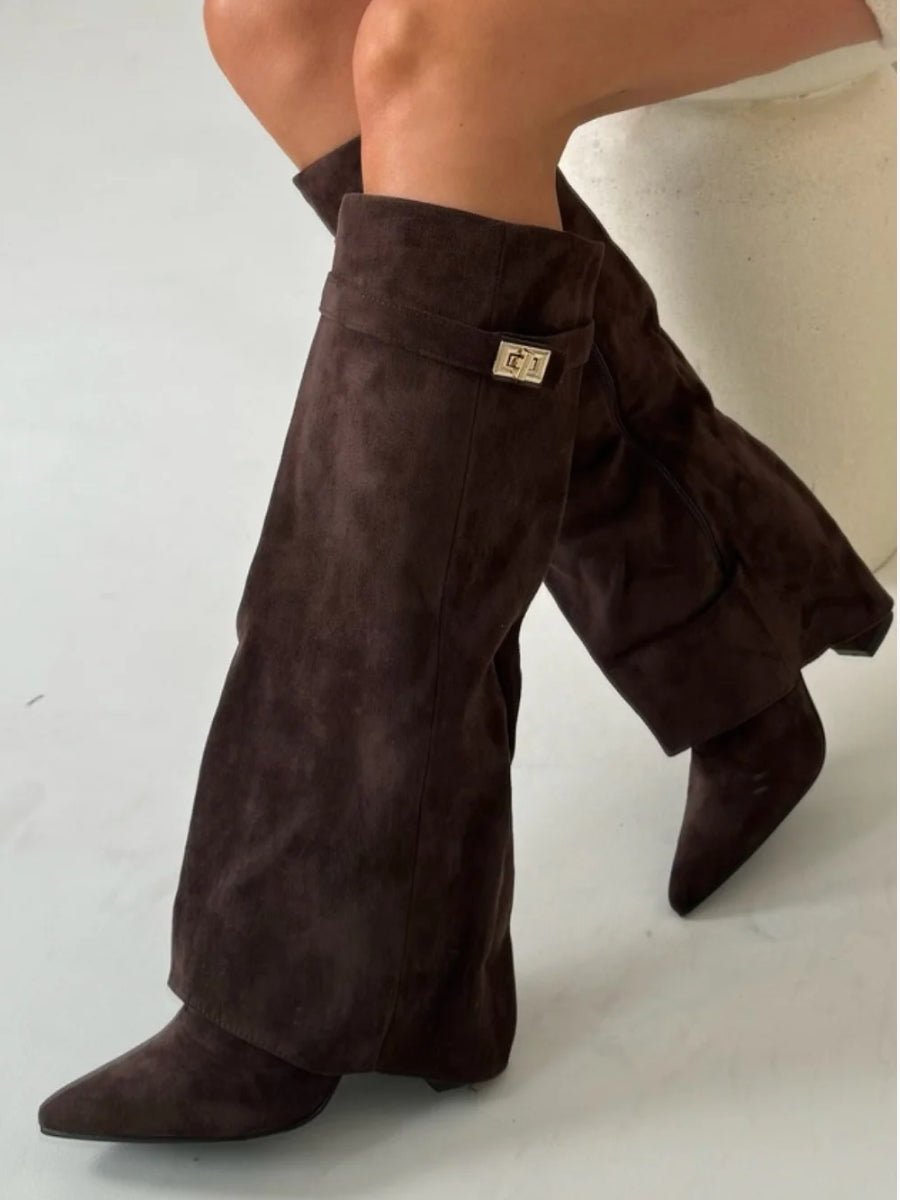 Women's Structured Suede Knee-High Boots with Metal Clasp