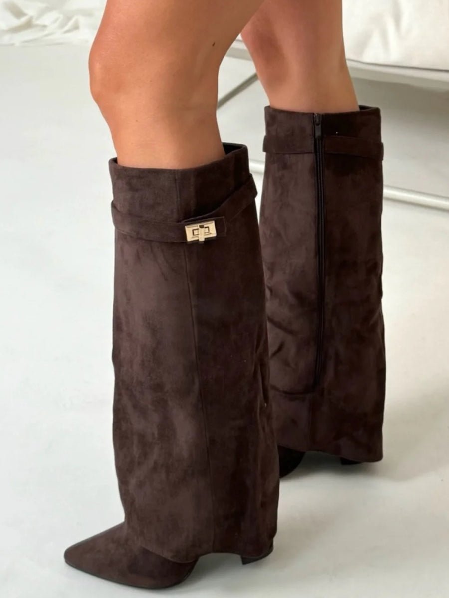 Women's Structured Suede Knee-High Boots with Metal Clasp