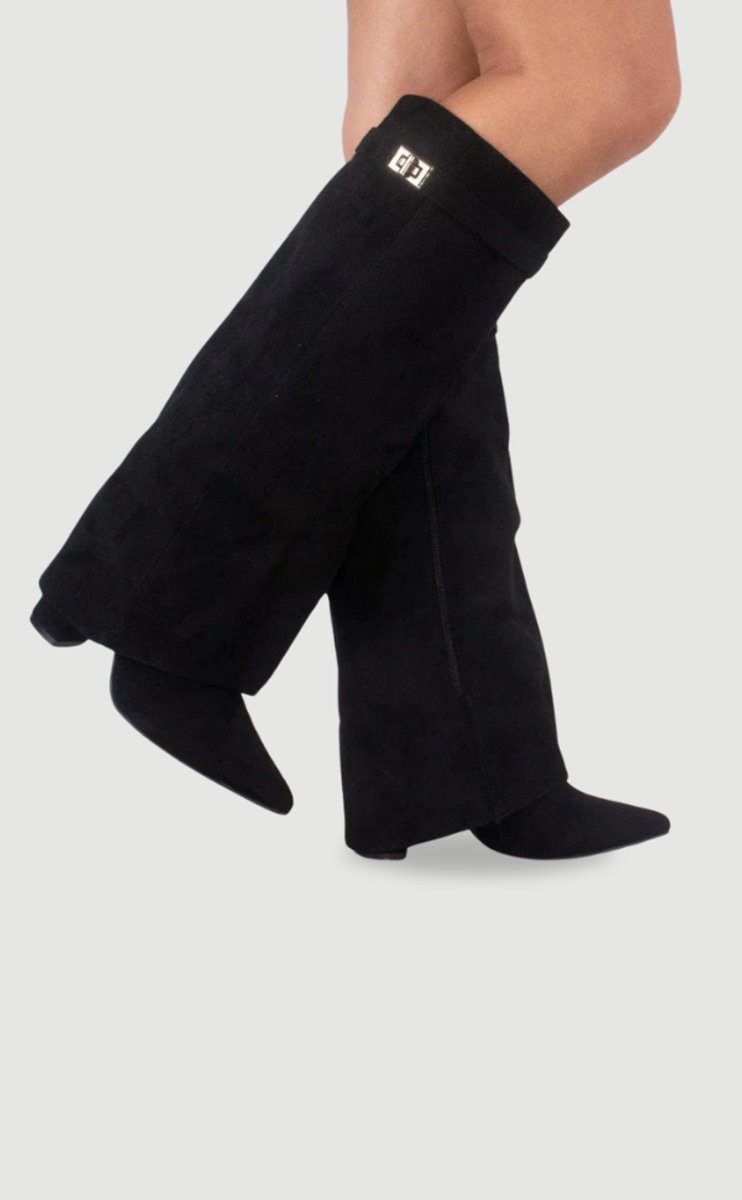 Women's Structured Suede Knee-High Boots with Metal Clasp
