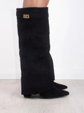Women's Structured Suede Knee-High Boots with Metal Clasp