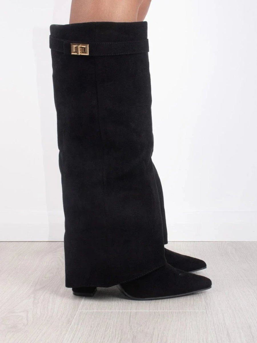 Women's Structured Suede Knee-High Boots with Metal Clasp