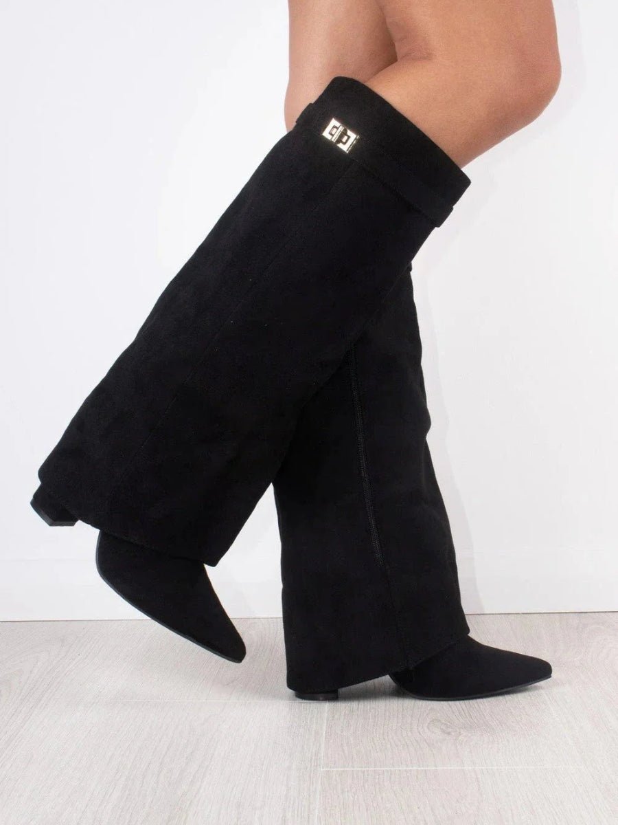 Women's Structured Suede Knee-High Boots with Metal Clasp