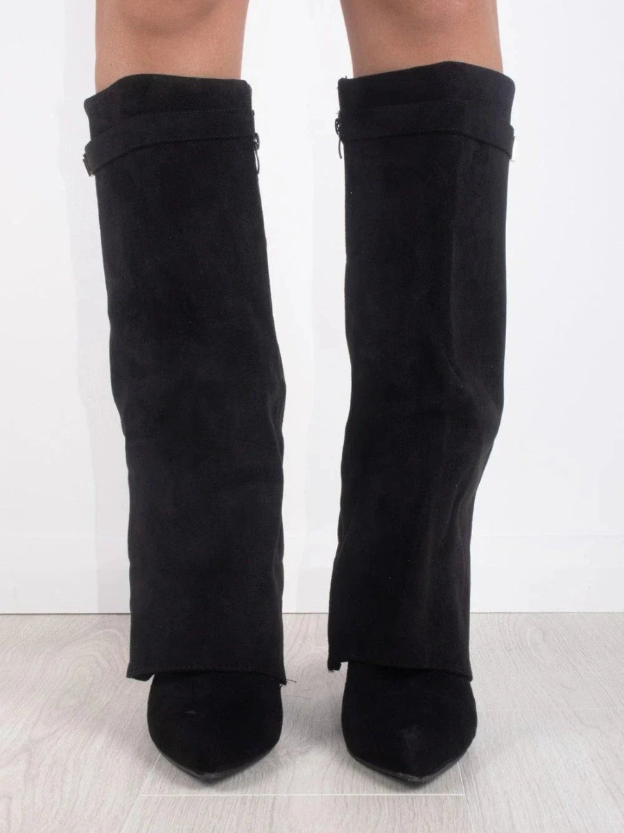 Women's Structured Suede Knee-High Boots with Metal Clasp