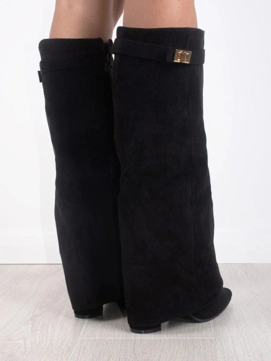 Women's Structured Suede Knee-High Boots with Metal Clasp