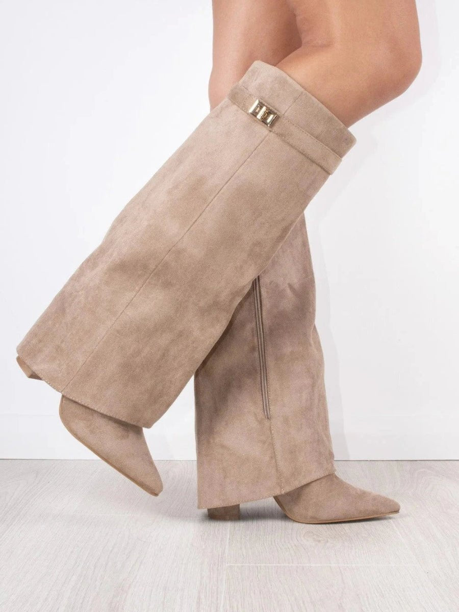 Women's Structured Suede Knee-High Boots with Metal Clasp
