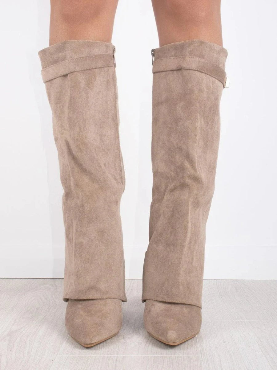 Women's Structured Suede Knee-High Boots with Metal Clasp