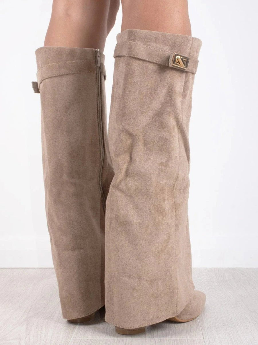 Women's Structured Suede Knee-High Boots with Metal Clasp