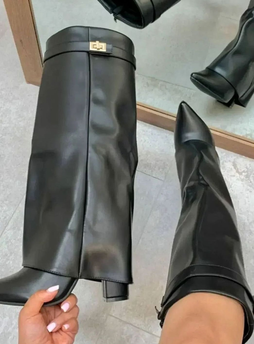 Women's Knee-High Suede Boots with Foldover Buckle Cuff