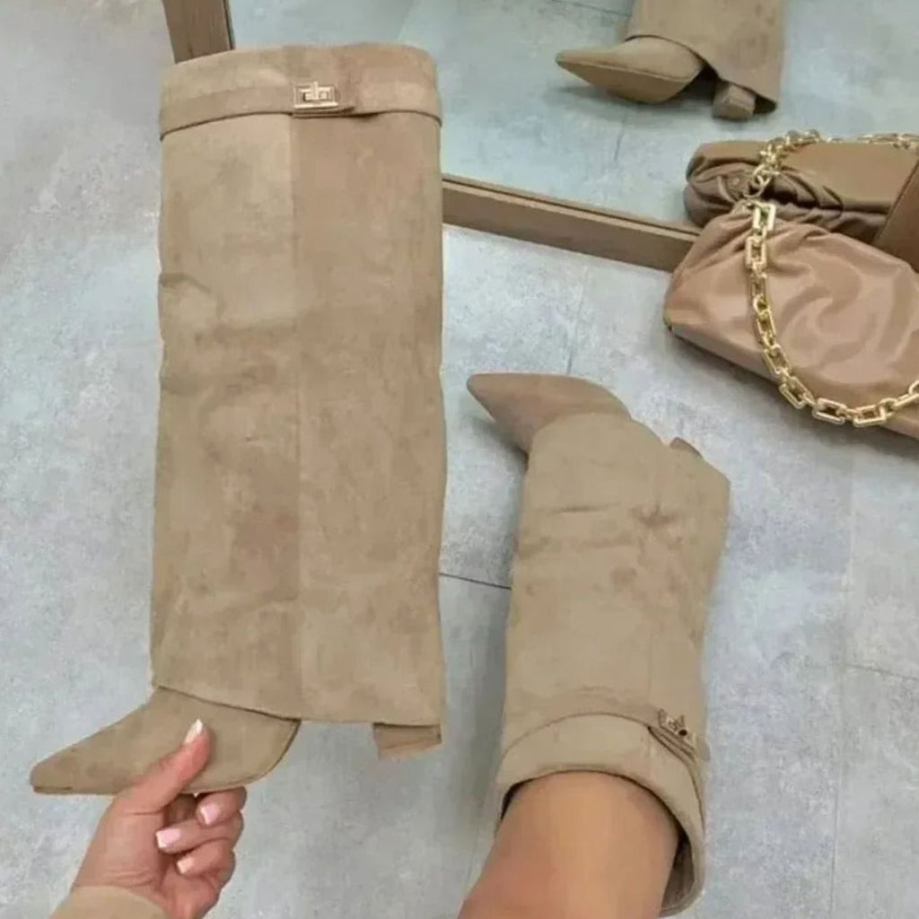 Women's Knee-High Suede Boots with Foldover Buckle Cuff