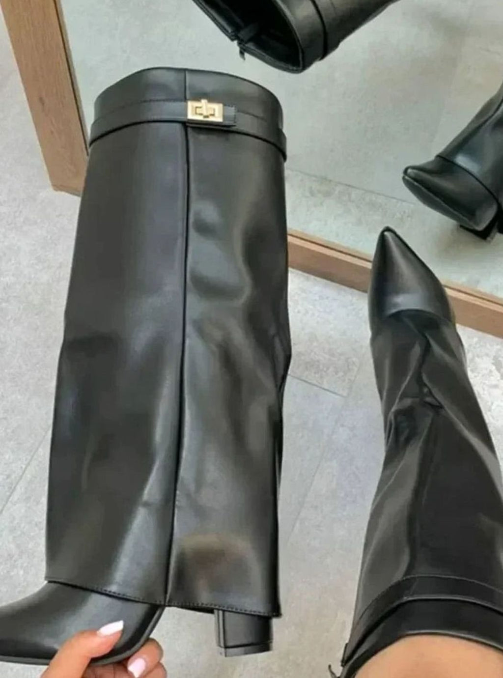 Women's Knee-High Suede Boots with Foldover Buckle Cuff