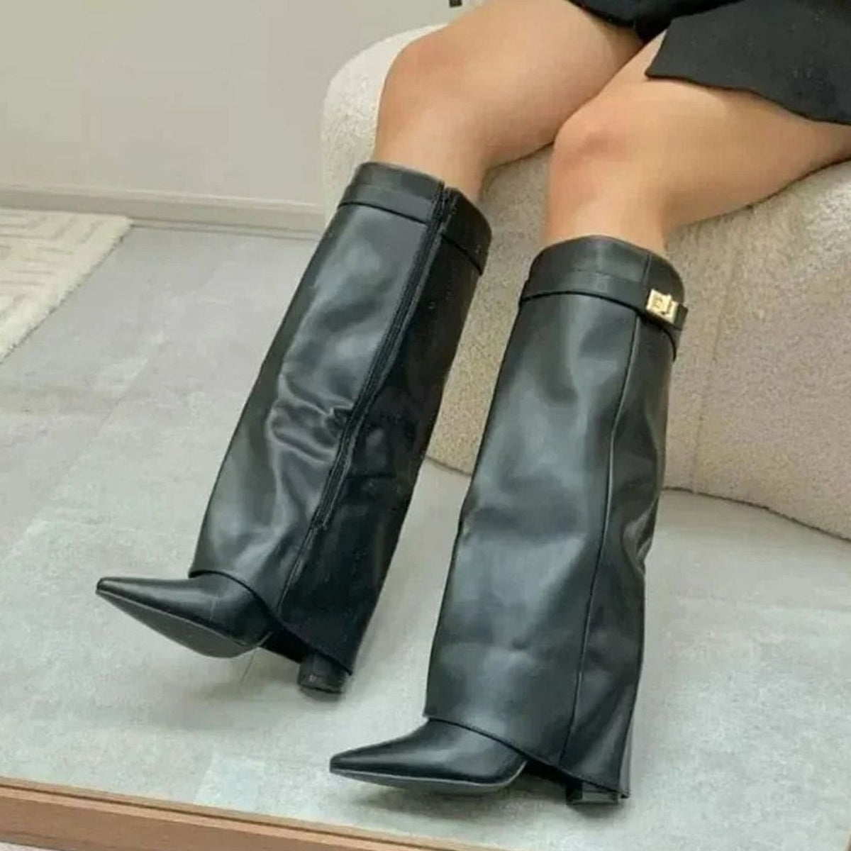 Women's Knee-High Suede Boots with Foldover Buckle Cuff