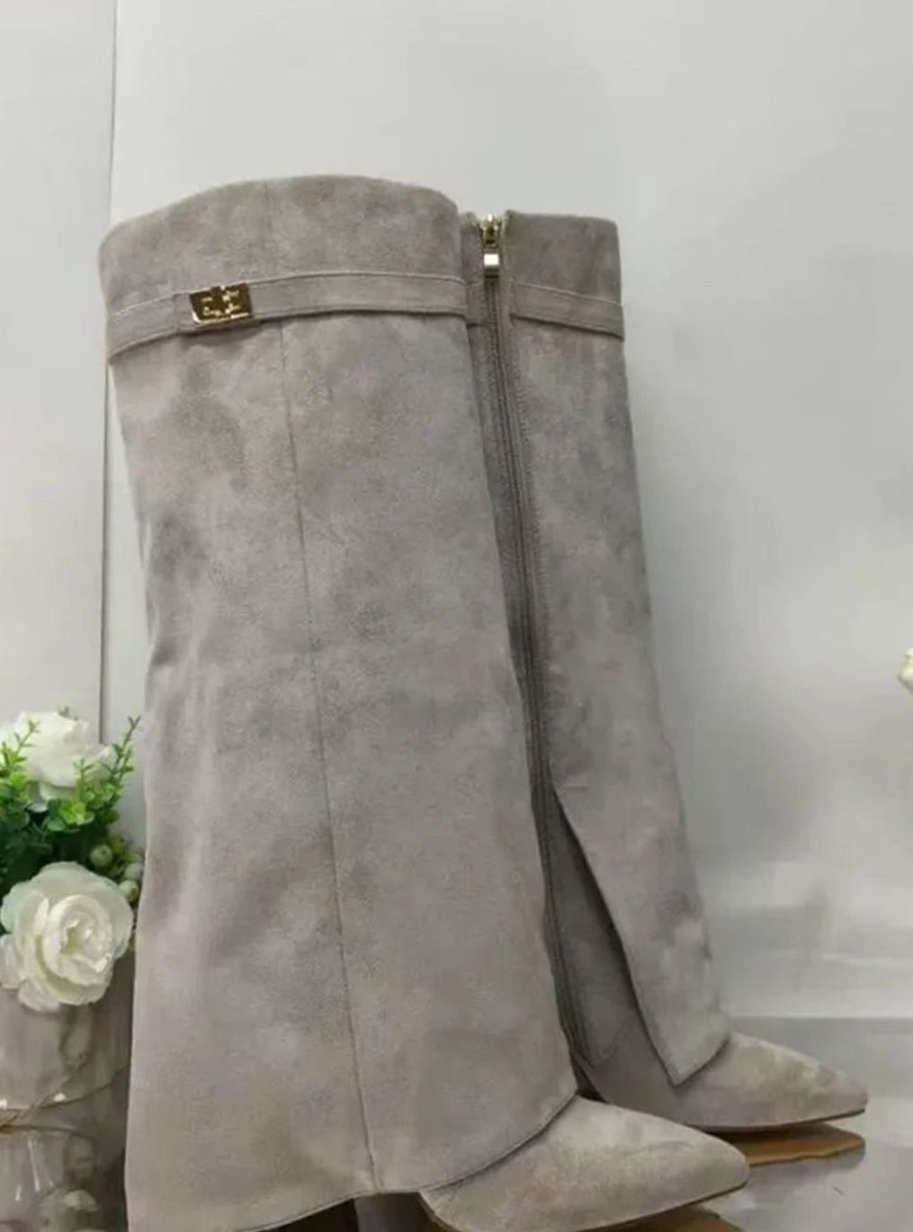 Women's Knee-High Suede Boots with Foldover Buckle Cuff