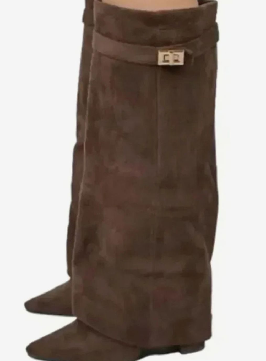 Women's Knee-High Suede Boots with Foldover Buckle Cuff