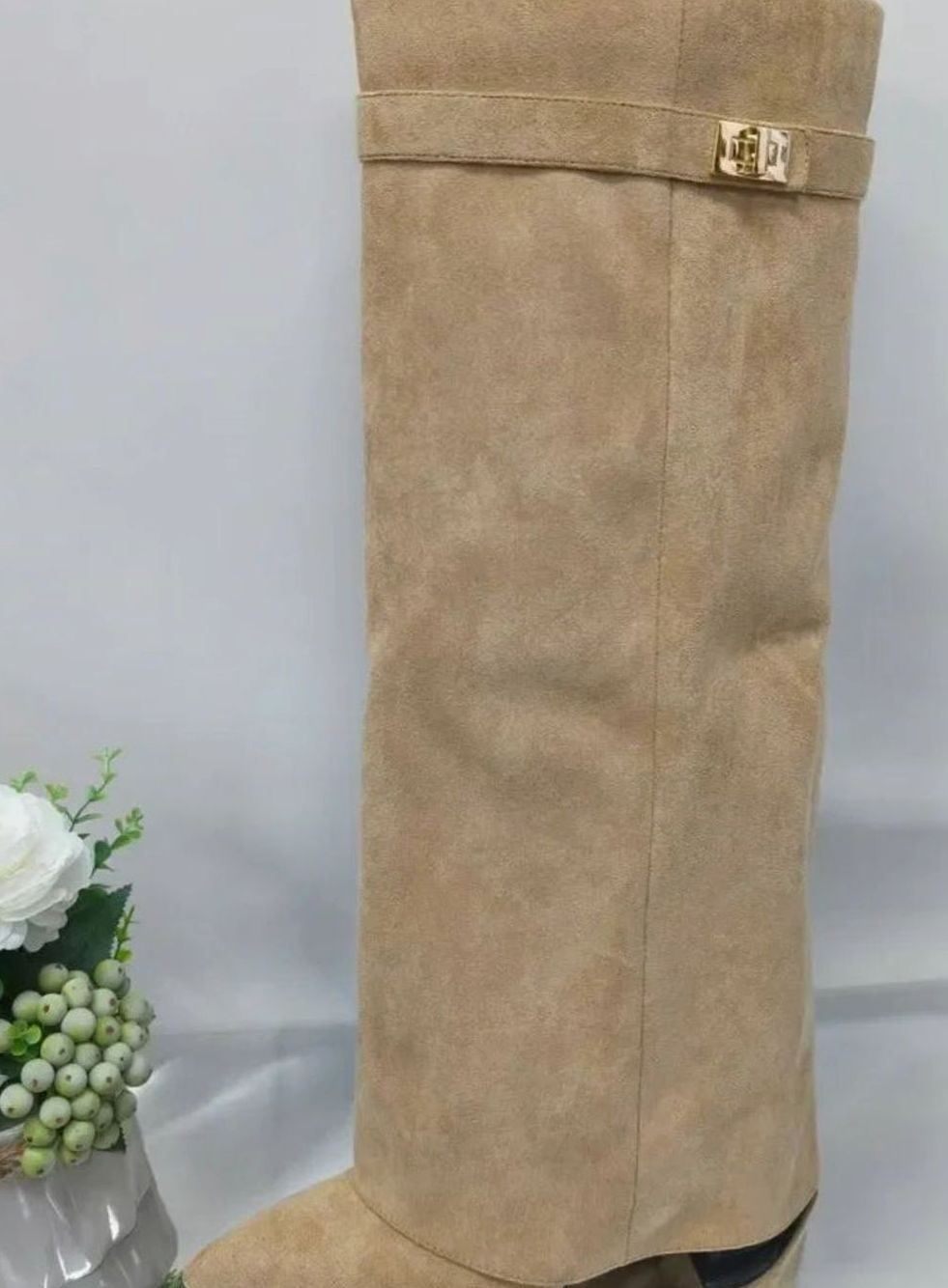 Women's Folded Cuff Suede Tall Boots with Buckle Strap