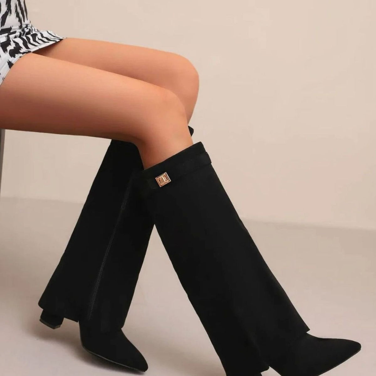 Women's Warm Plush Lined Suede Tall Buckle Boots