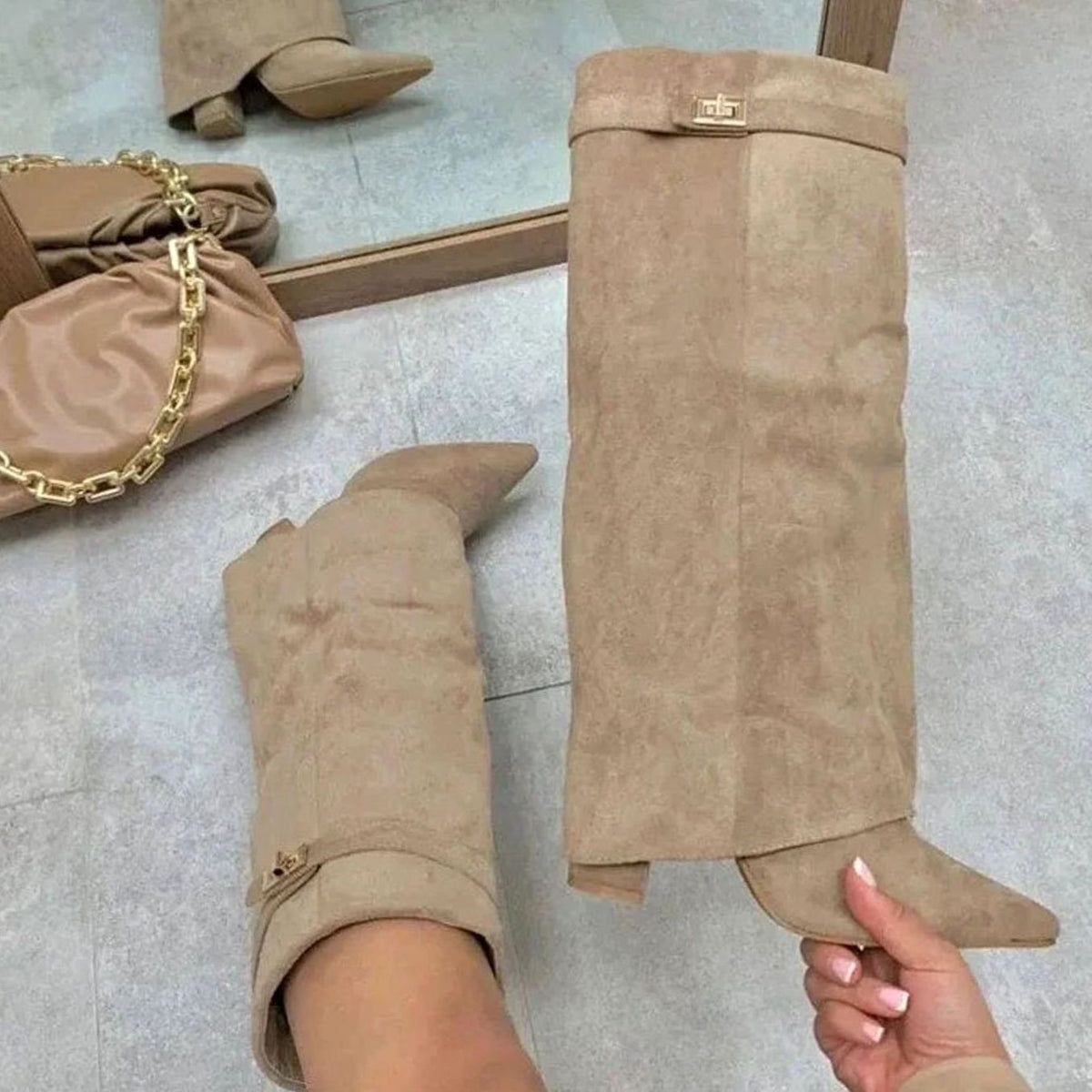 Women's Folded Cuff Suede Tall Boots with Buckle Strap