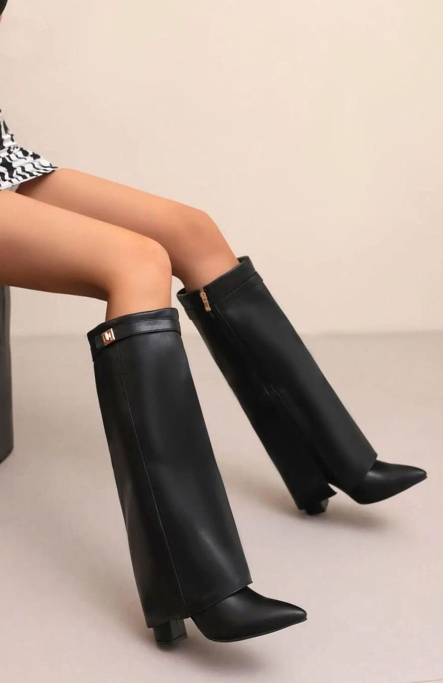 Women's Folded Cuff Suede Tall Boots with Buckle Strap
