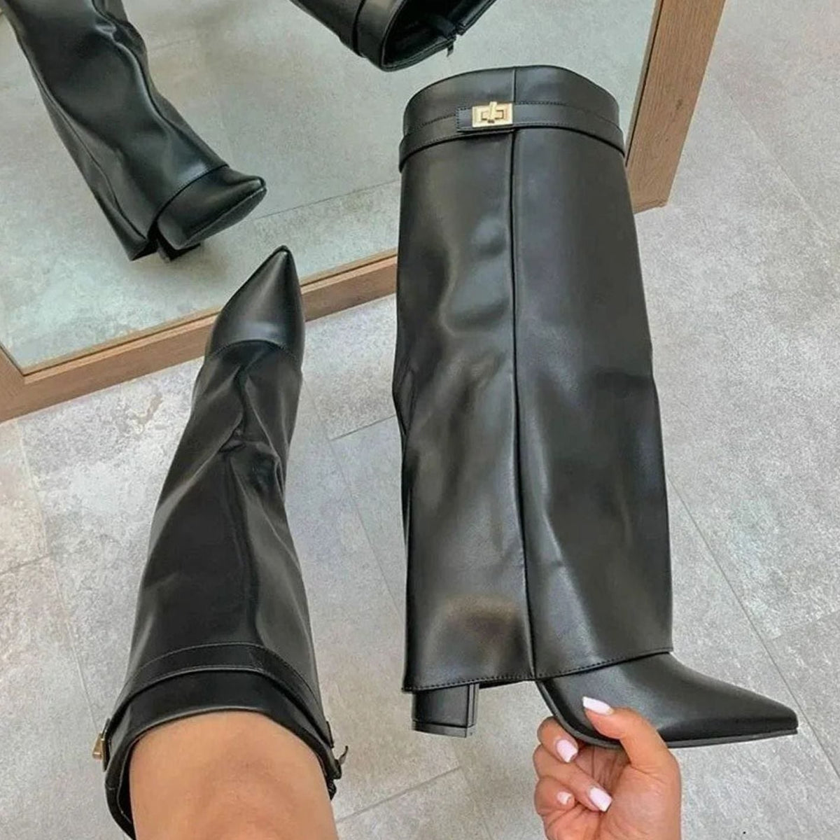 Women's Folded Cuff Suede Tall Boots with Buckle Strap