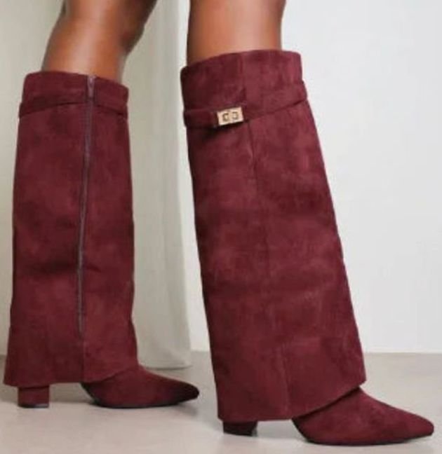 Women's Folded Cuff Suede Tall Boots with Buckle Strap