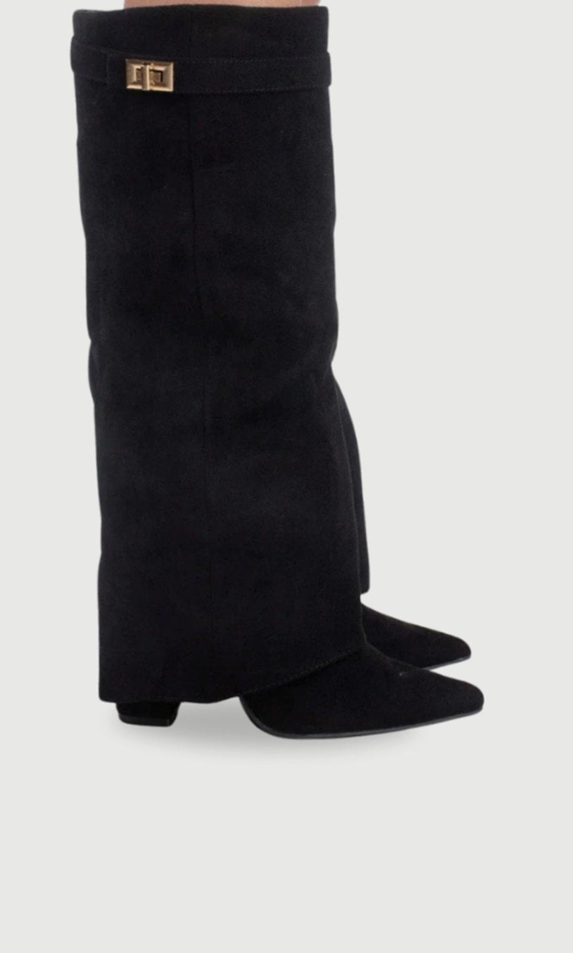 Women's Folded Cuff Tall Suede Boots with Wedge Heel