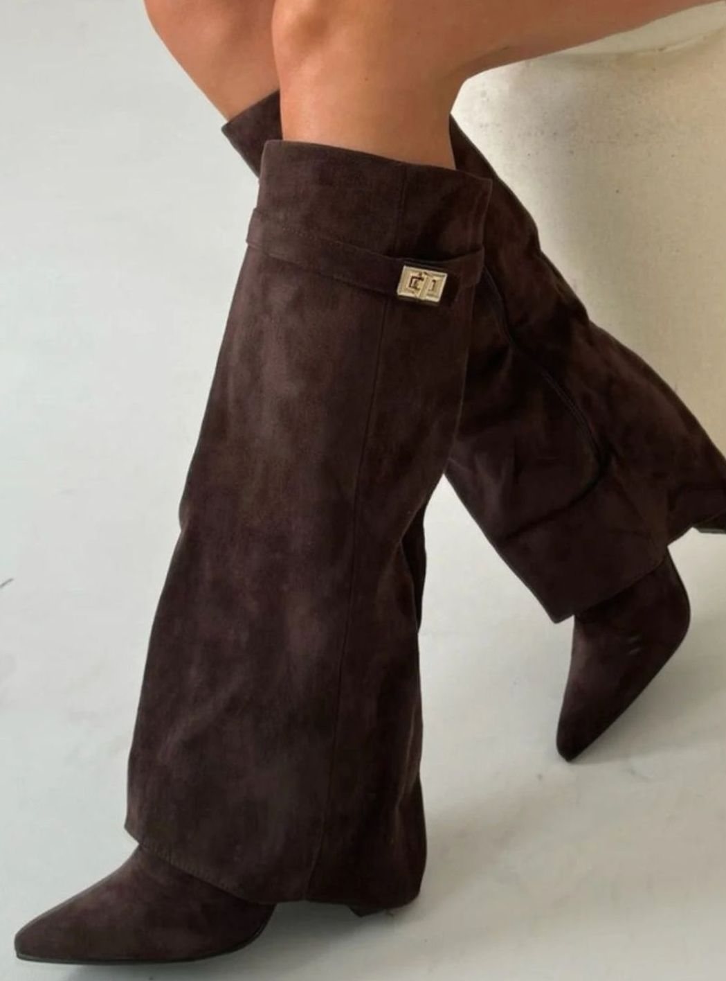Women's Folded Cuff Tall Suede Boots with Wedge Heel