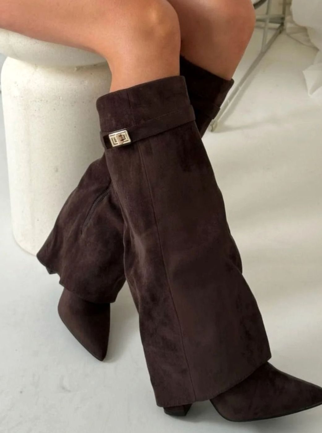 Women's Folded Cuff Tall Suede Boots with Wedge Heel